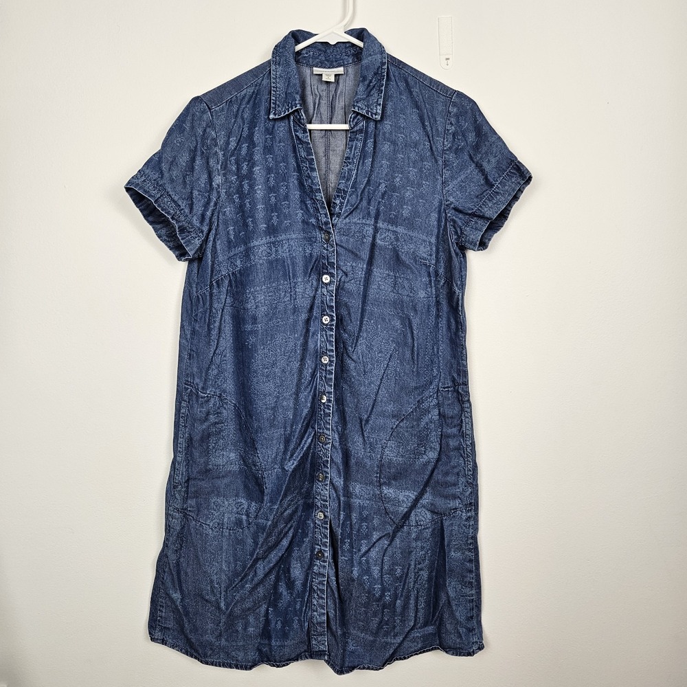 J.Jill Denim Shirt Dress PETITE Sz S 100% Lyocell Blue Paisley Print Button Down